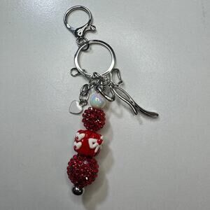 Red Heart Bow Keychain Charm Handmade Valentine Love Bag Charm Rhinestone Beads